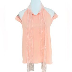 MUGLER peach blouse with front lace & pearl tie, lace shoulders size 6.